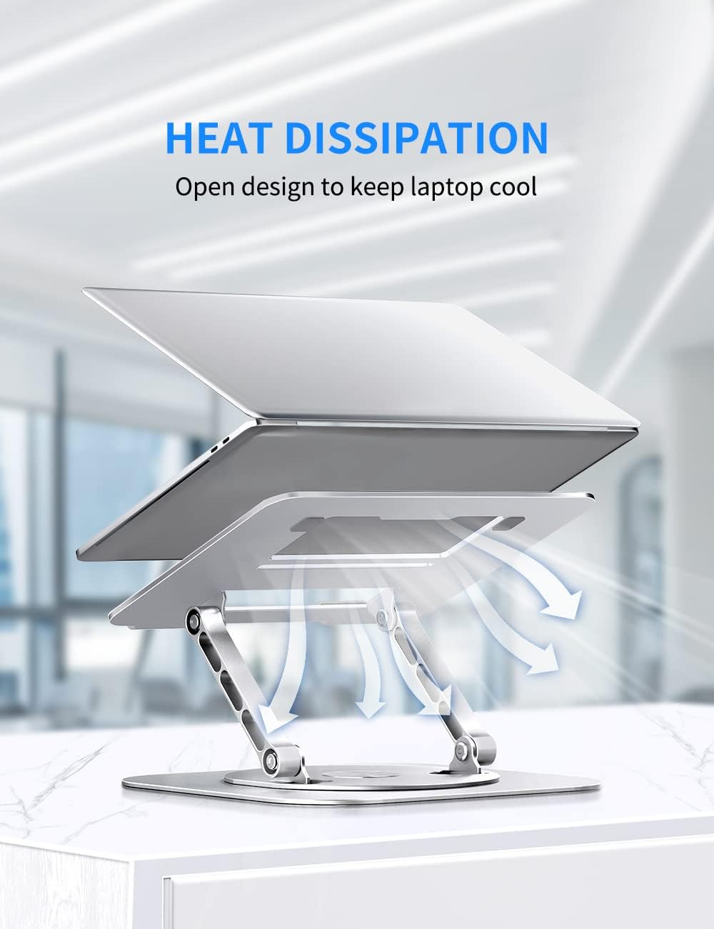 Adjustable computer stand with 360 rotating base, ergonomic foldable laptop riser for desk compatible with notebook up to 16 inches, silver - view 5