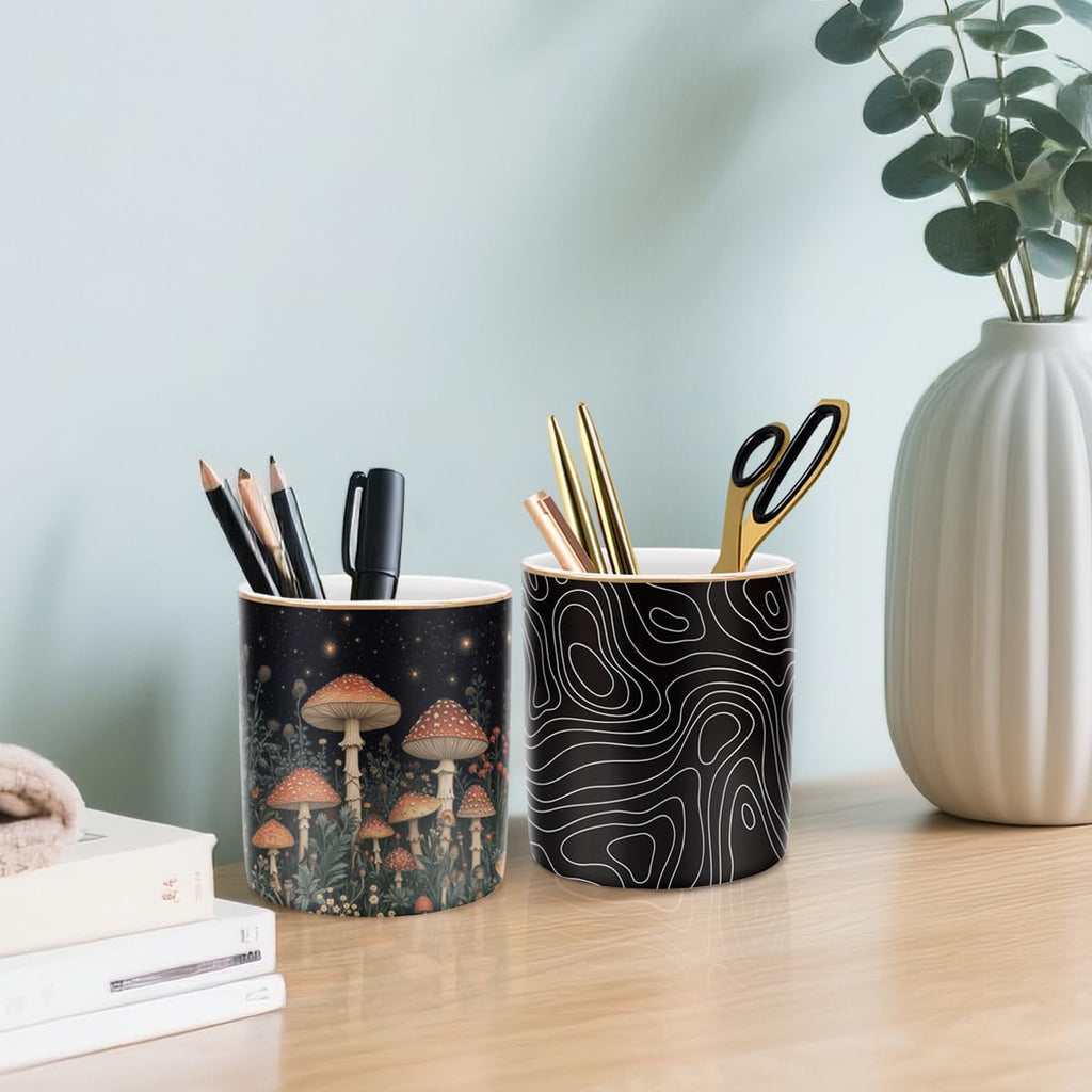 Cute pen pencil holder for desk, durable ceramic organizer decor for room, office, classroom, mushroom pattern - view 7