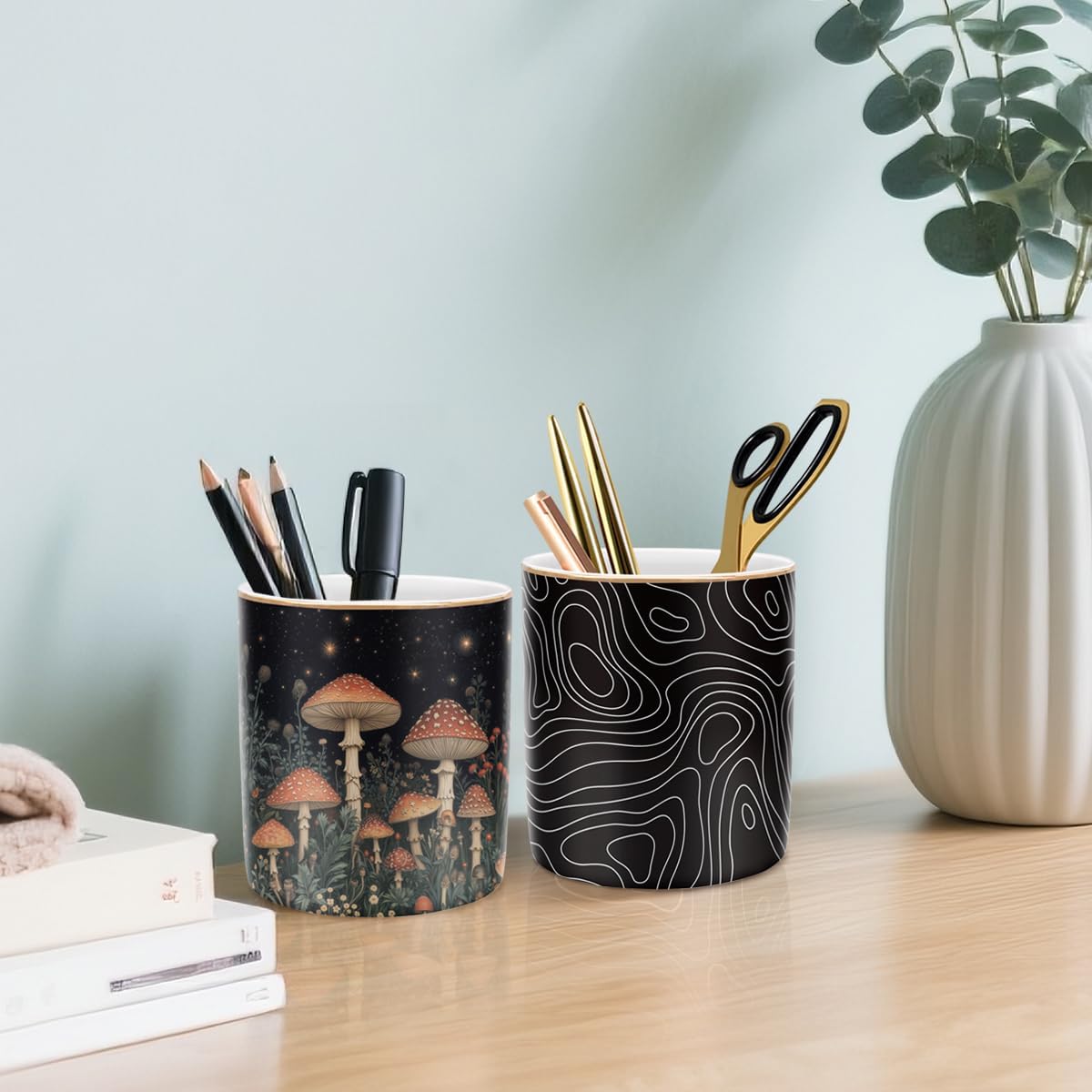 Cute pen pencil holder for desk, durable ceramic organizer decor for room, office, classroom, mushroom pattern - view 7