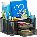 Mesh Desk Organizer, Pen Organizer with 2 Drawer, Multi-Functional Pencil Holder, Desk Organizers and Accessories with 5 Compartments + Drawer for Office Art Supplies (Black)