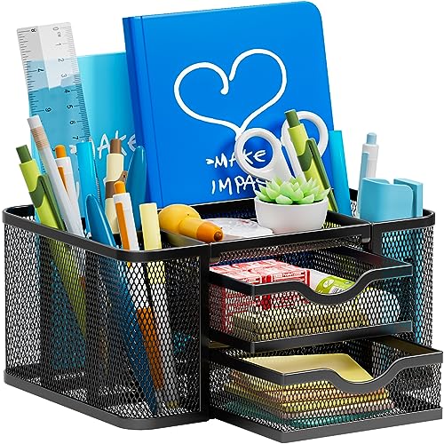 Mesh Desk Organizer, Pen Organizer with 2 Drawer, Multi-Functional Pencil Holder, Desk Organizers and Accessories with 5 Compartments + Drawer for Office Art Supplies (Black)