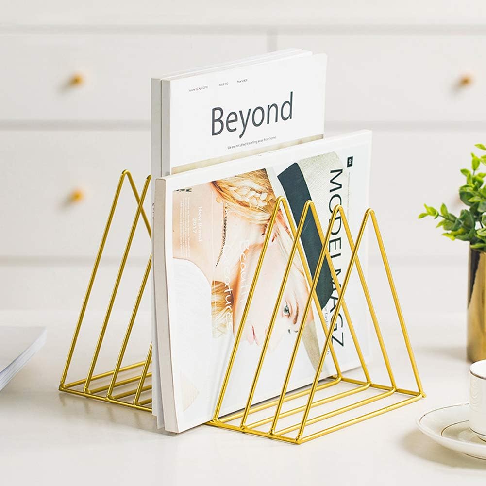 9 Slot Gold Magazine Holder, Desktop File Sorter Organizer Triangle Bookshelf Decor for Home Office, 10.2" L x 7" W x 6.9" H, Iron Wire