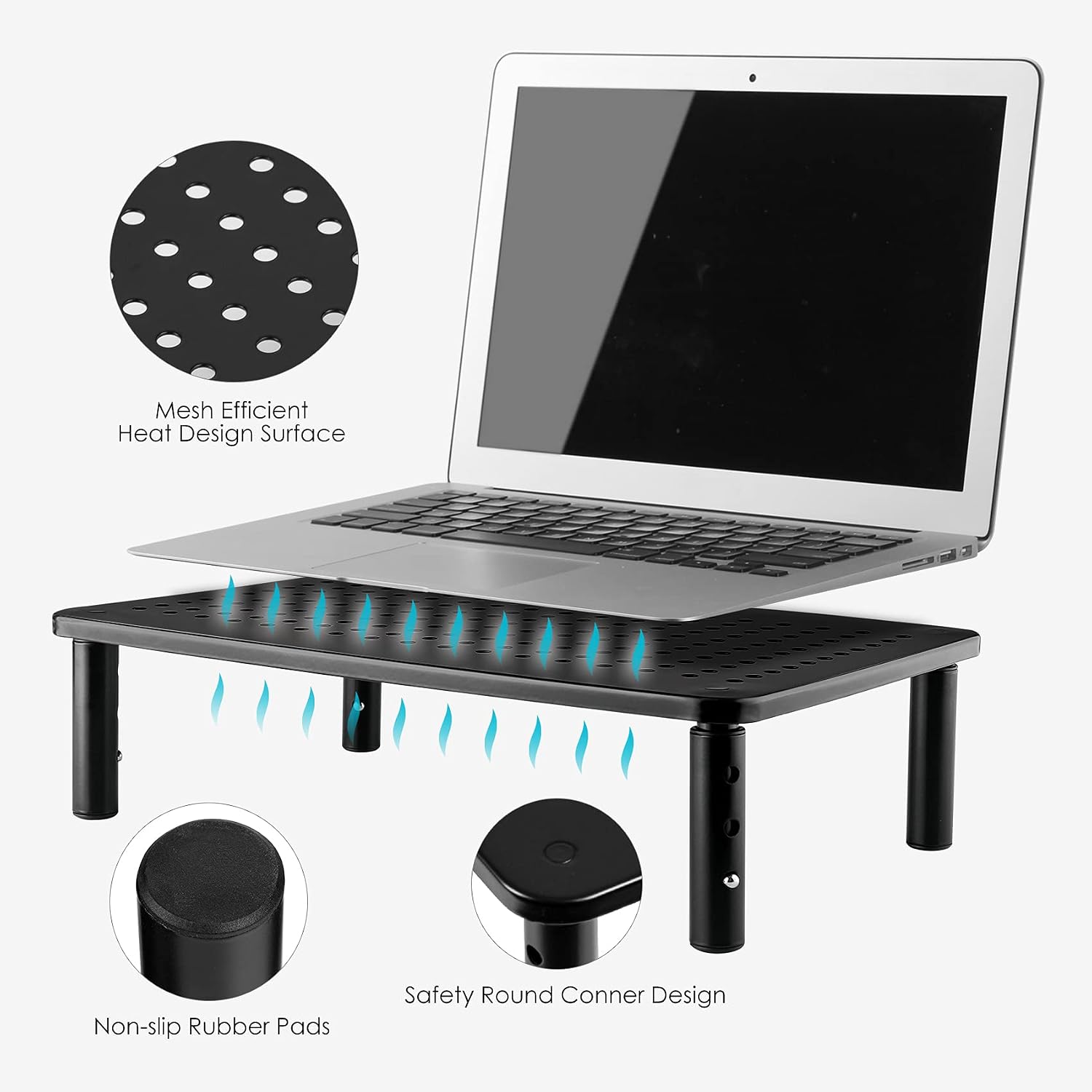 2 Pack Monitor Riser Desktop Stand Flat Screen TV Monitor Stand Riser | 3 Height Adjustable PC Stand with Mesh Platform Sturdy Metal Laptop Computer Monitor Stand Shelf for Printer, iMac - view 3