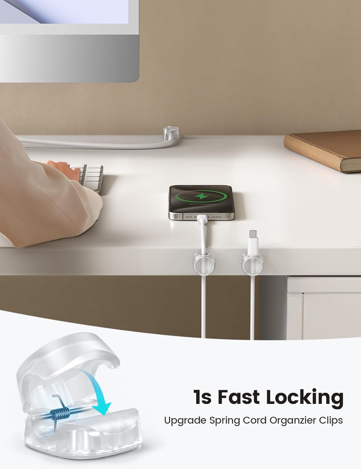 12 Pack Cord Organizer, [1s Lock] Spring Cable Holder Clips | Smooth Adjustable, Adhesive Phone Charger Cable Management Wire Keeper for Nightstand Desk Wall Car Office Home, Clear - view 2