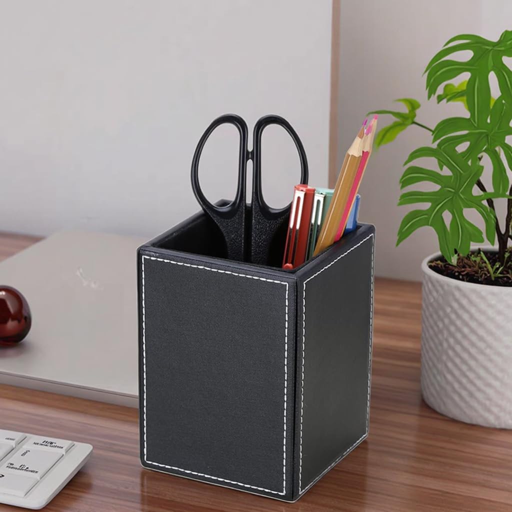 PU Leather Square Pens Pencils Holder Cup Desktop Stationery Organizer Case Office Accessories Container Box (black) - view 2
