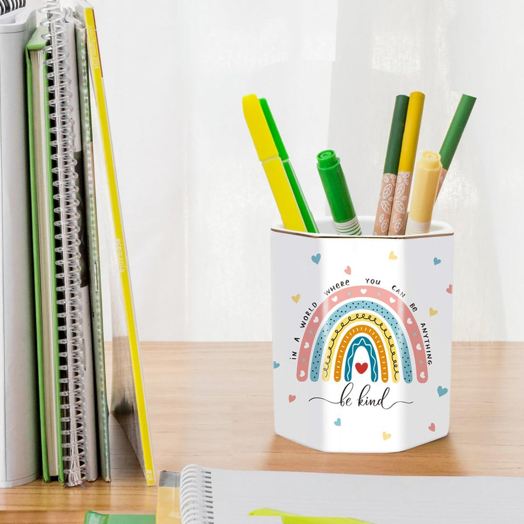 Pen holder for desk, cute ceramic pencil holder, pen cup marker holder makeup brush holders, desk accessories & workspace organizers for office, home, rainbow pattern - view 4