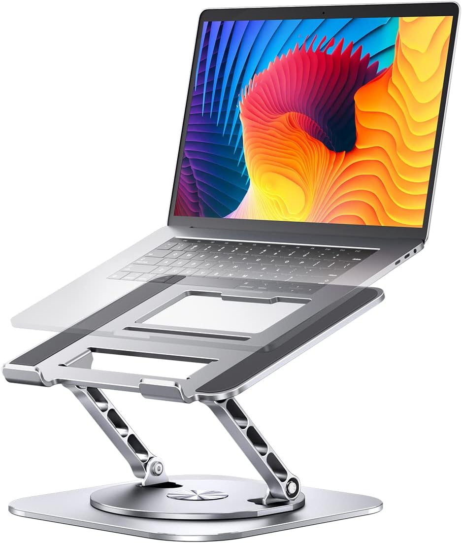 Adjustable computer stand with 360 rotating base, ergonomic foldable laptop riser for desk compatible with notebook up to 16 inches, silver