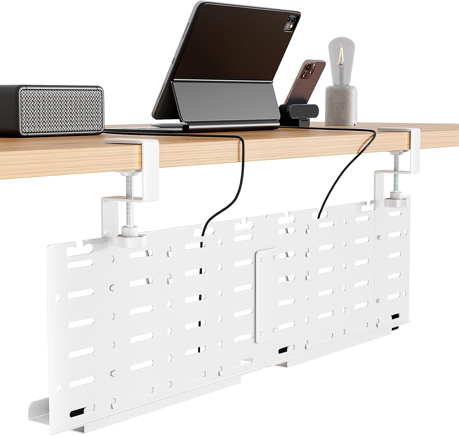 Under Desk Cable Management Tray, 30.2" No-Drill C-Clamp Pegboard | with 5 Hooks, 2 Trays & 79" Tie Roll, On/Under Desk Mount for Power Cords, Vertical Metal Organizer for Home Office, White
