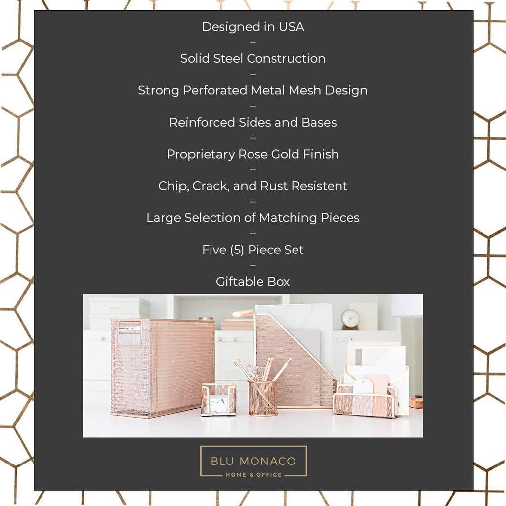 Rose Gold Desk Organizer Set | 5-Piece Metal Desktop Organization Kit With File Holder, Magazine Rack, Pen Cup, Sticky Note Holder and Letter Sorter | Stylish Office Accessories - view 3