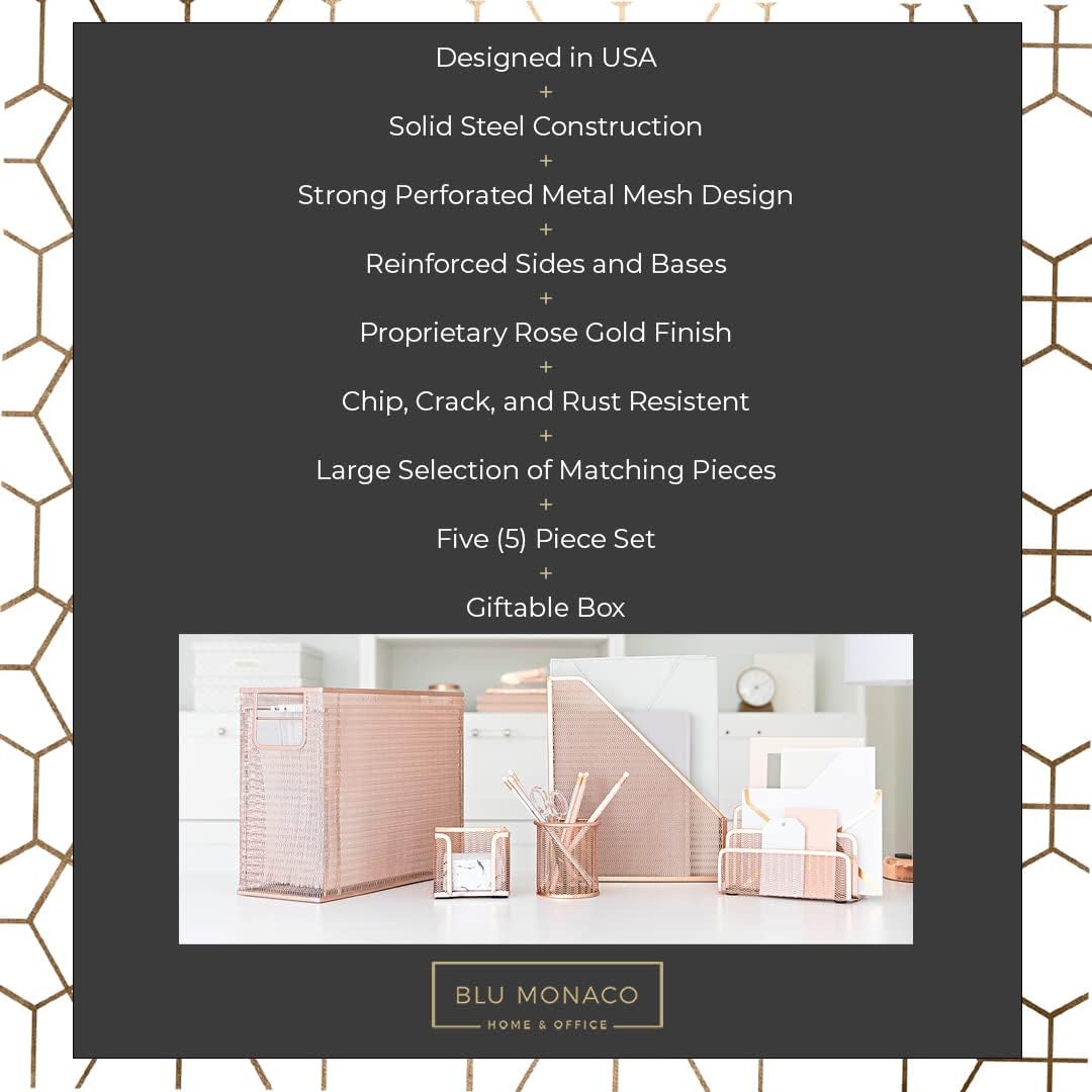 Rose Gold Desk Organizer Set | 5-Piece Metal Desktop Organization Kit With File Holder, Magazine Rack, Pen Cup, Sticky Note Holder and Letter Sorter | Stylish Office Accessories - view 3