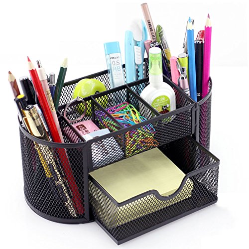Desk Supplies Organizer Multi-functional Stationery Caddy Mesh Oval Pencil Holder Desk Office Supplies Organizer 9 Compartments with Drawer for Note Pads Black