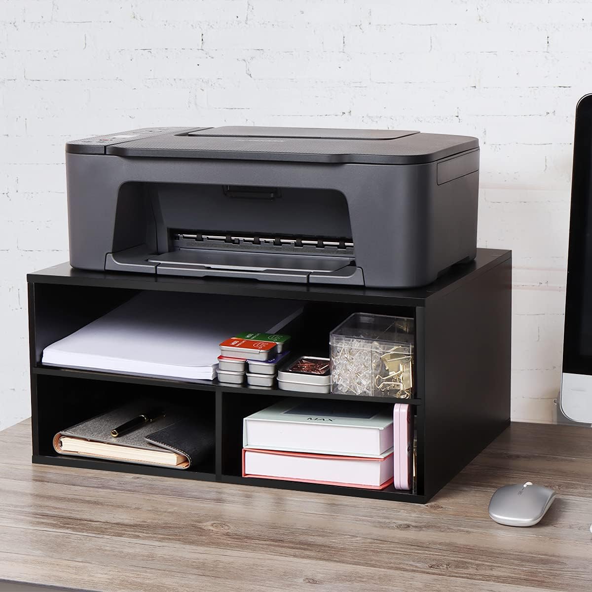 Printer stand for desk - 2 tier desktop printer stand with paper storage, printer riser organizer for home office, holds up to 30 lbs, black - view 6