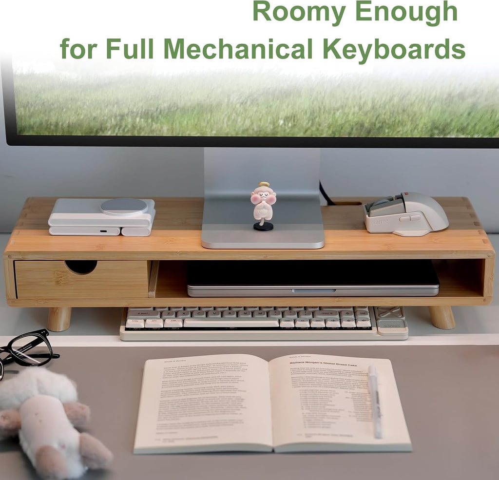 Bamboo Monitor Stand Riser with Drawer | Ergonomic Computer Riser for Desk with Cable Management & Storage Organizer, Wood Monitor Stand for Home Office - view 7