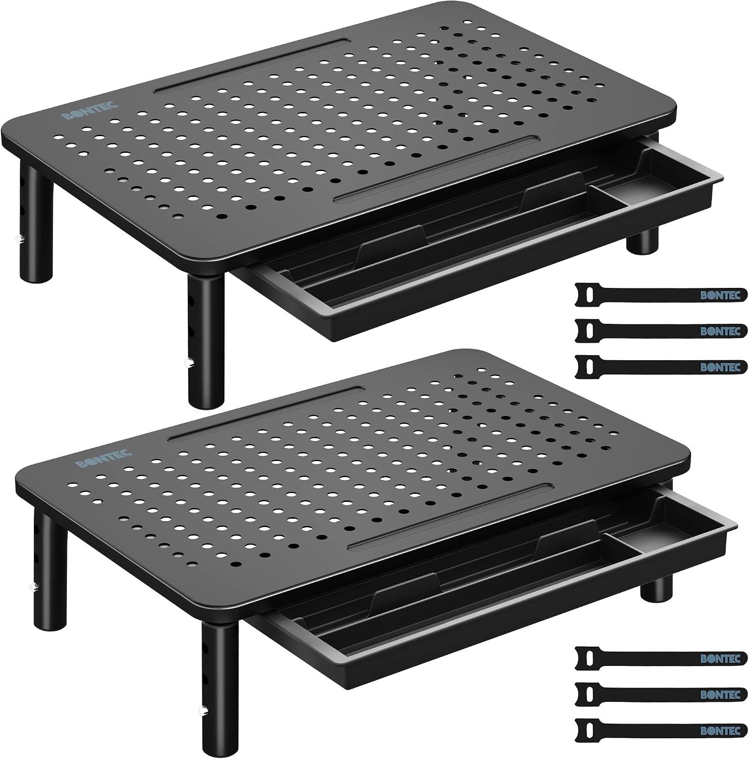 2 Pack Adjustable Monitor Stand Riser with Drawer, Supports 44lbs | Ergonomic Mesh Platform for Desk, Ventilated Laptop and PC Use with Cable Management for a Cooler, Organized Workspace