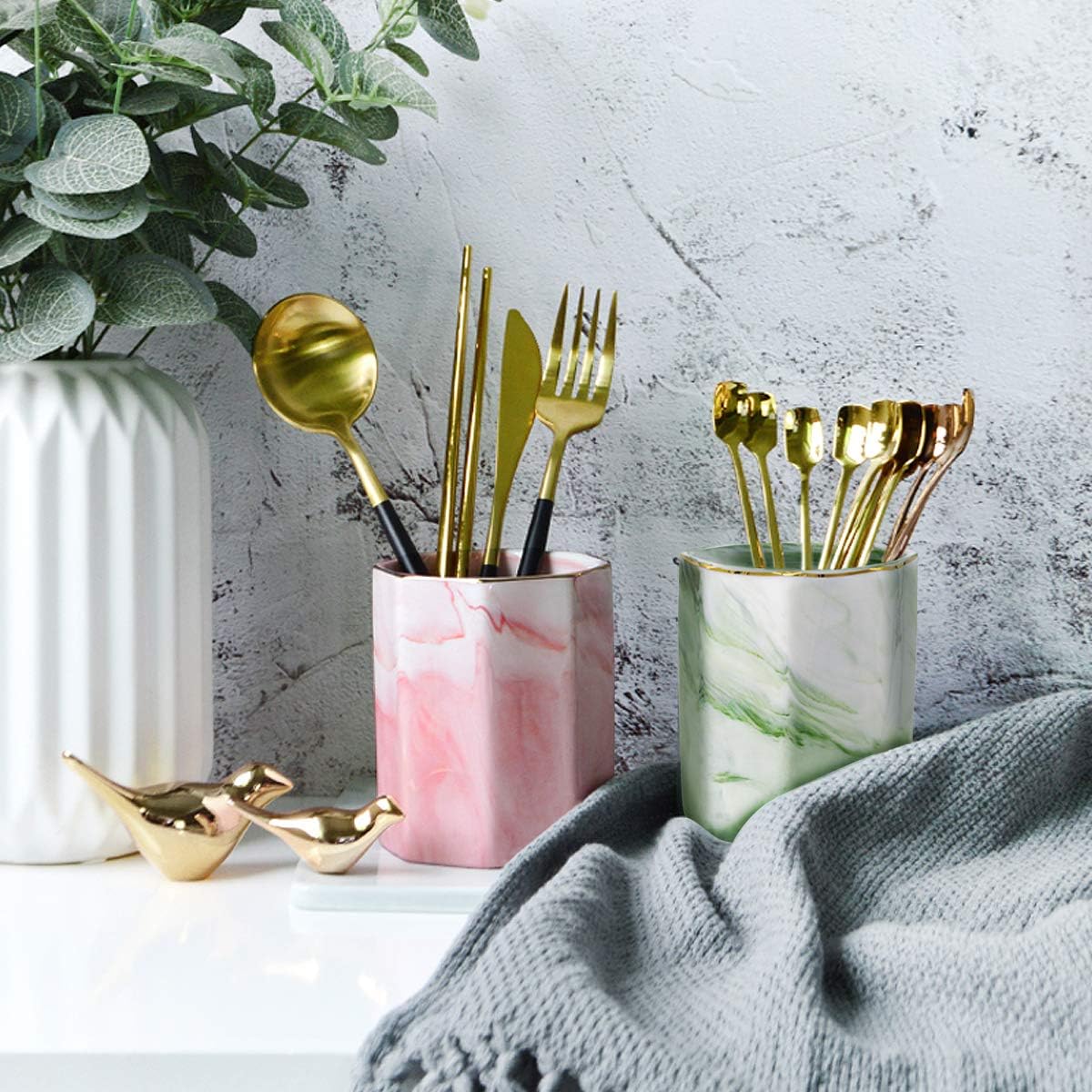 Pencil holder, pencil cup for desk, makeup brush holder cup, cute pencil stand marble decorative for kids durable ceramic desk organizer for office, classroom, home, antique green marble - view 4