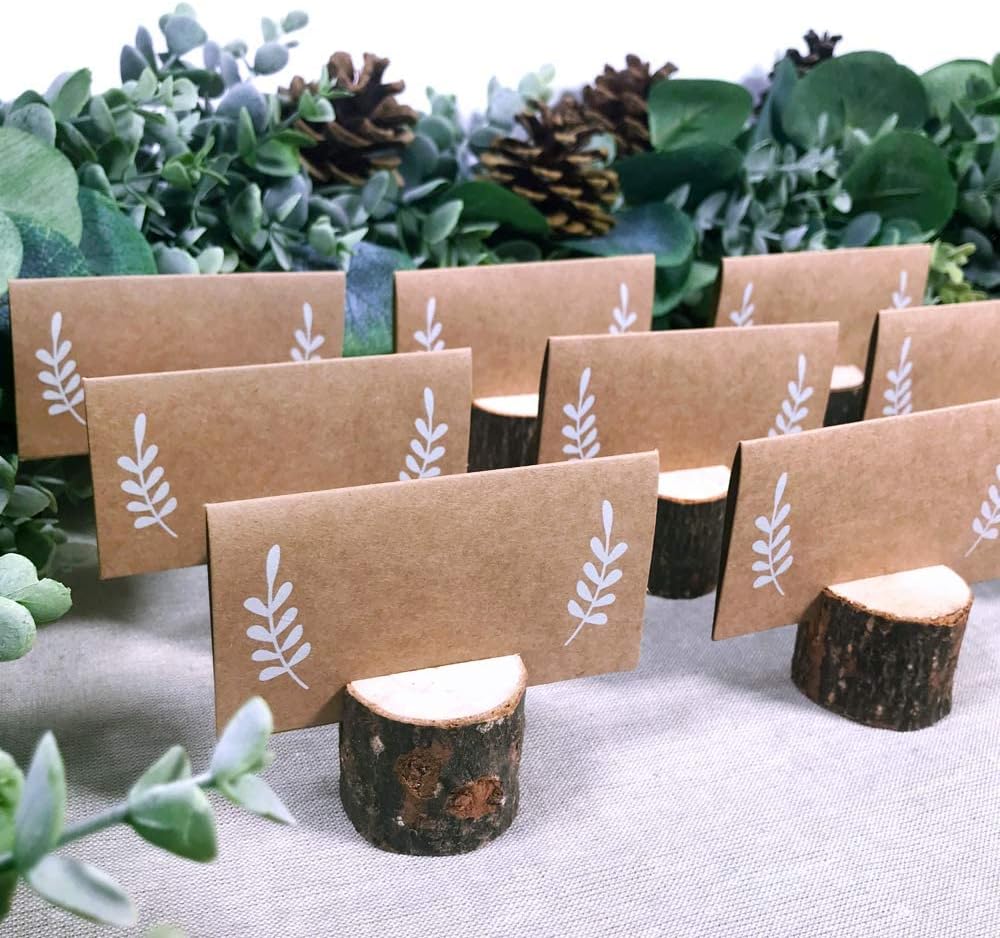 30 Pcs Rustic Wood Place Card Holders Circular Table Numbers Holder Stand Wooden Bark Memo Holder Card Photo Picture Note Clip Holders and Kraft Place Cards Bulk Wedding Party Table Number Sign - view 2