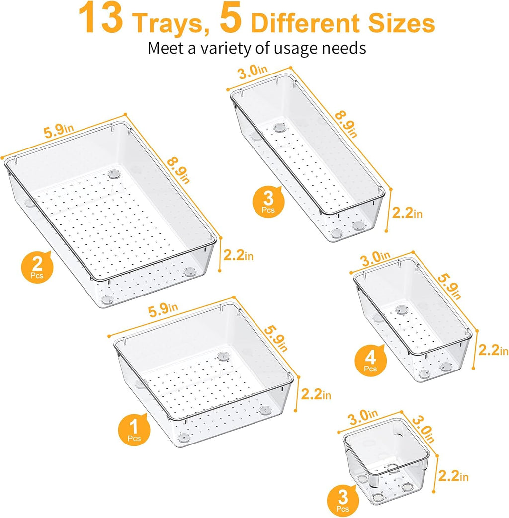 13-Piece Drawer Organizers with Non-Slip Silicone Pads, 5-Size | Clear Desk Bathroom Drawer Organizer Trays Storage Tray for Makeup, Jewelry, Utensils in Bedroom Dresser, Office and Kitchen - view 3