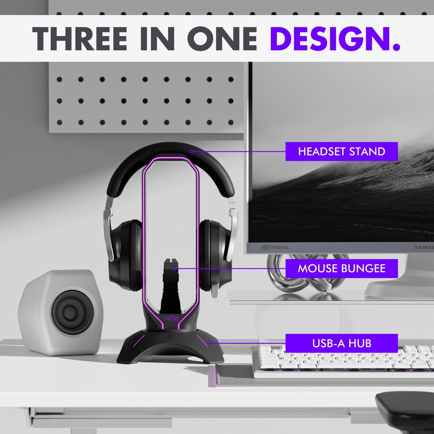 Gaming Headset Stand | RGB Headphone Stand for Desk with Mouse Bungee and USB Hub (Cool and Clean Setup) Gaming Headset Holder - Perfect Gamer Gift Accessory - view 2