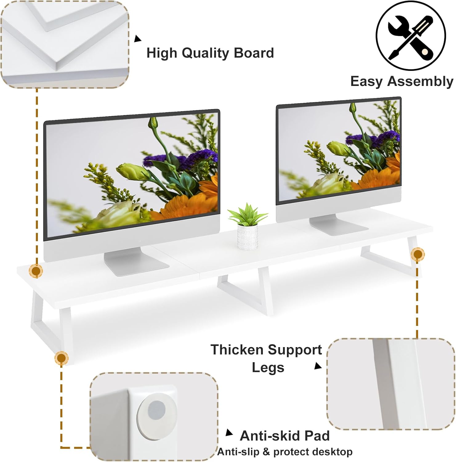 42 inch dual monitor riser white, desk organizer stand for TV laptop | extra long stand riser for 2 monitors, wood & steel TV riser, holds 300lbs, keyboard & PS5 storage, for home office & gaming - view 4