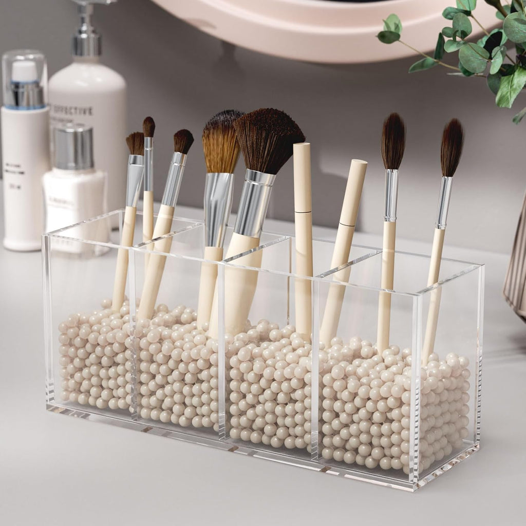 Acrylic Pen Holder 4 Compartments, Clear Desk Pencil Organizer Cup | Scratch-resistant thick acrylic with 4 slots for pens, pencils, makeup brushes, office, vanity and school use - view 4