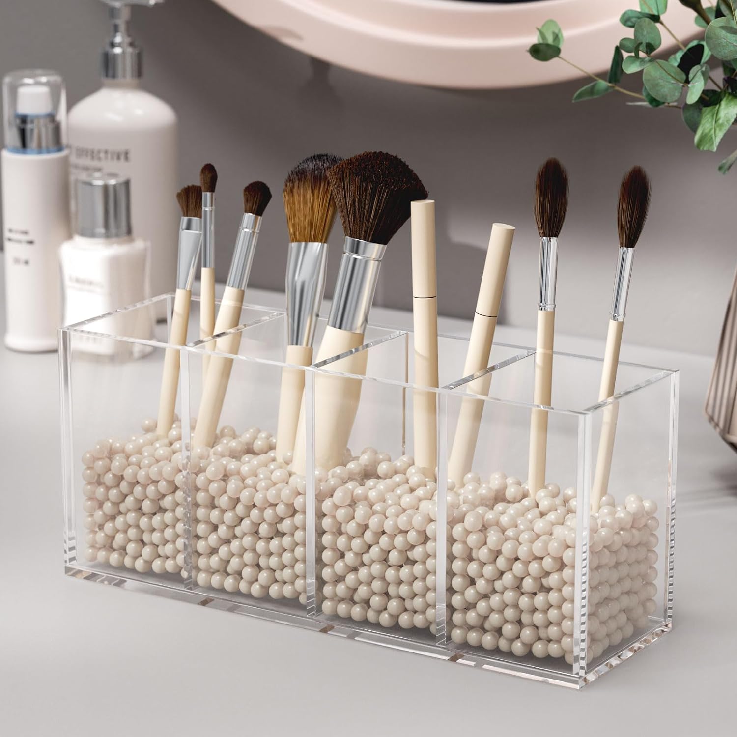 Acrylic Pen Holder 4 Compartments, Clear Desk Pencil Organizer Cup | Scratch-resistant thick acrylic with 4 slots for pens, pencils, makeup brushes, office, vanity and school use - view 4