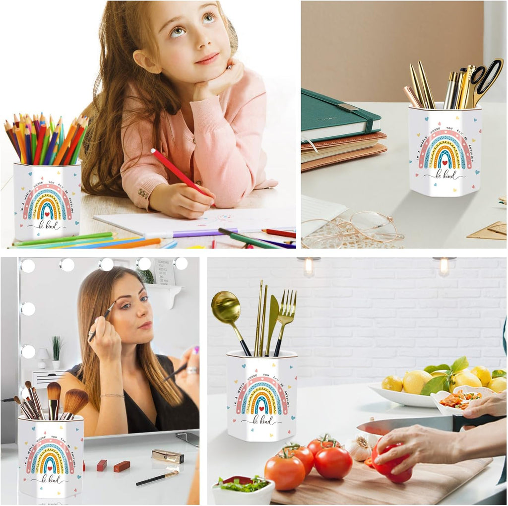 Pen holder for desk, cute ceramic pencil holder, pen cup marker holder makeup brush holders, desk accessories & workspace organizers for office, home, rainbow pattern - view 5