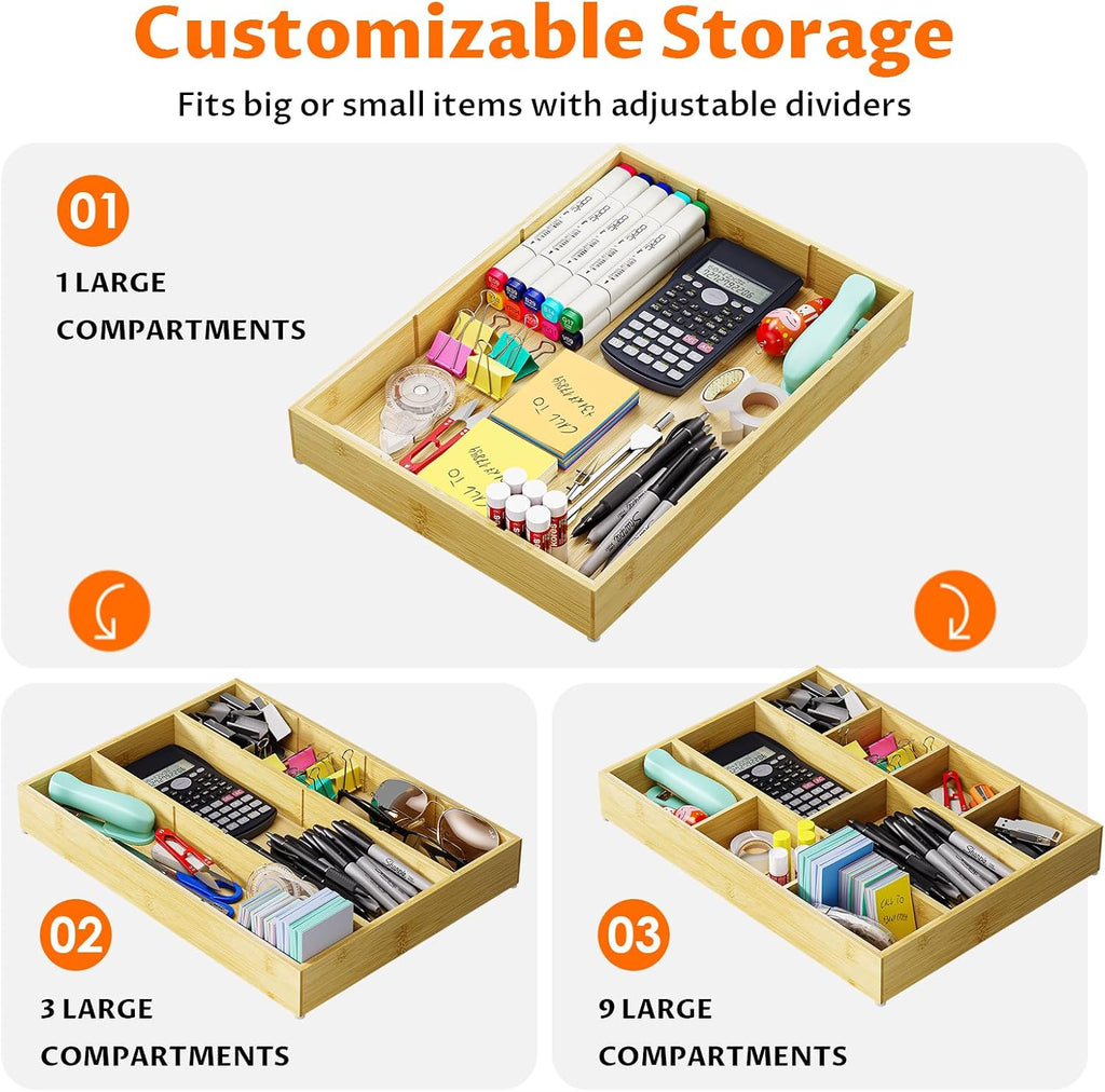 Bamboo Drawer Organizer with 9 Adjustable Compartments, Desk Storage Tray | Natural Bamboo, Flexible Modular Trays, Water-Resistant, Adjustable, Excellent Organization, Easy to Clean, Non-Slip Design - view 3
