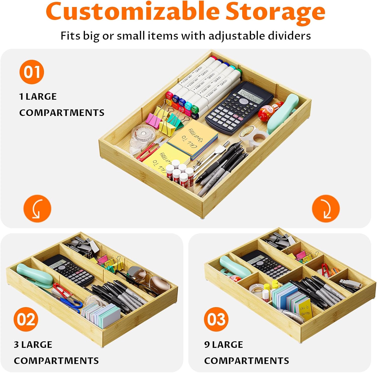 Bamboo Drawer Organizer with 9 Adjustable Compartments, Desk Storage Tray | Natural Bamboo, Flexible Modular Trays, Water-Resistant, Adjustable, Excellent Organization, Easy to Clean, Non-Slip Design - view 3