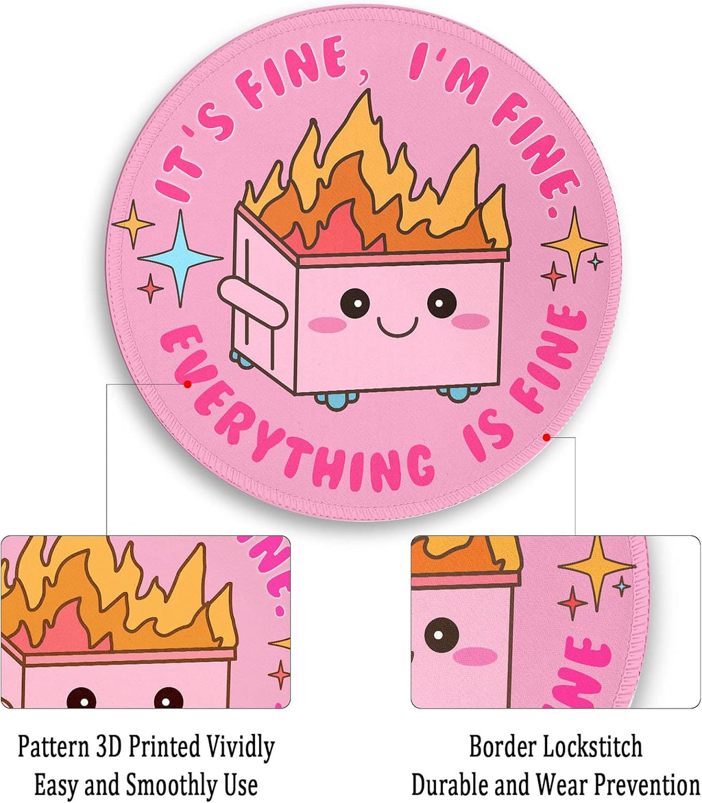 Pink Round Mouse Pads for Desk, Cute Office Decor for Women 8.6 in | Dumpster on Fire Small Mousepad, Stitched Edge, Non-Slip, Computer Mouse Pad for Wireless Mouse Laptop Desk Accessories - view 7