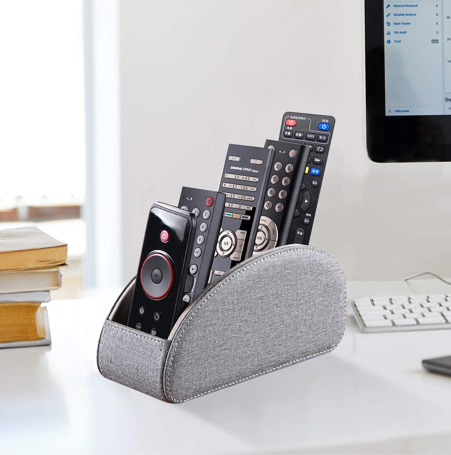 Pu leather TV remote control holder with 5 compartments, remote caddy/tray | bedside table desk storage box/organizer for pen, DVD, Blu-Ray, media player, heater controller, cosmetics, glasses, office supplies - view 5