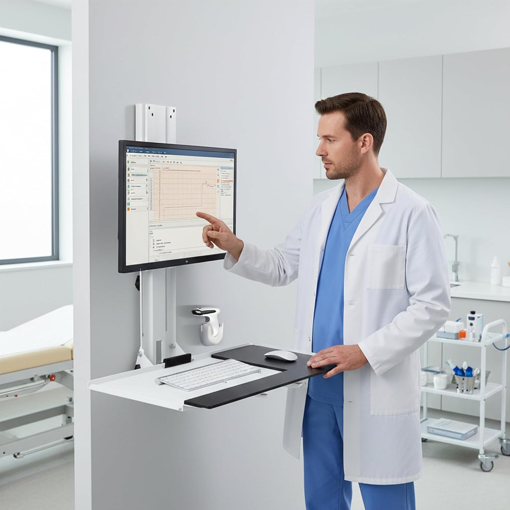 MED01 Medical Monitor and Keyboard Wall Mount For 17" to 32" Display with Height Adjustable Standing Keyboard Tray | Wide Platform with Mouse Pad | Wall Mount Scanner Holder - view 3