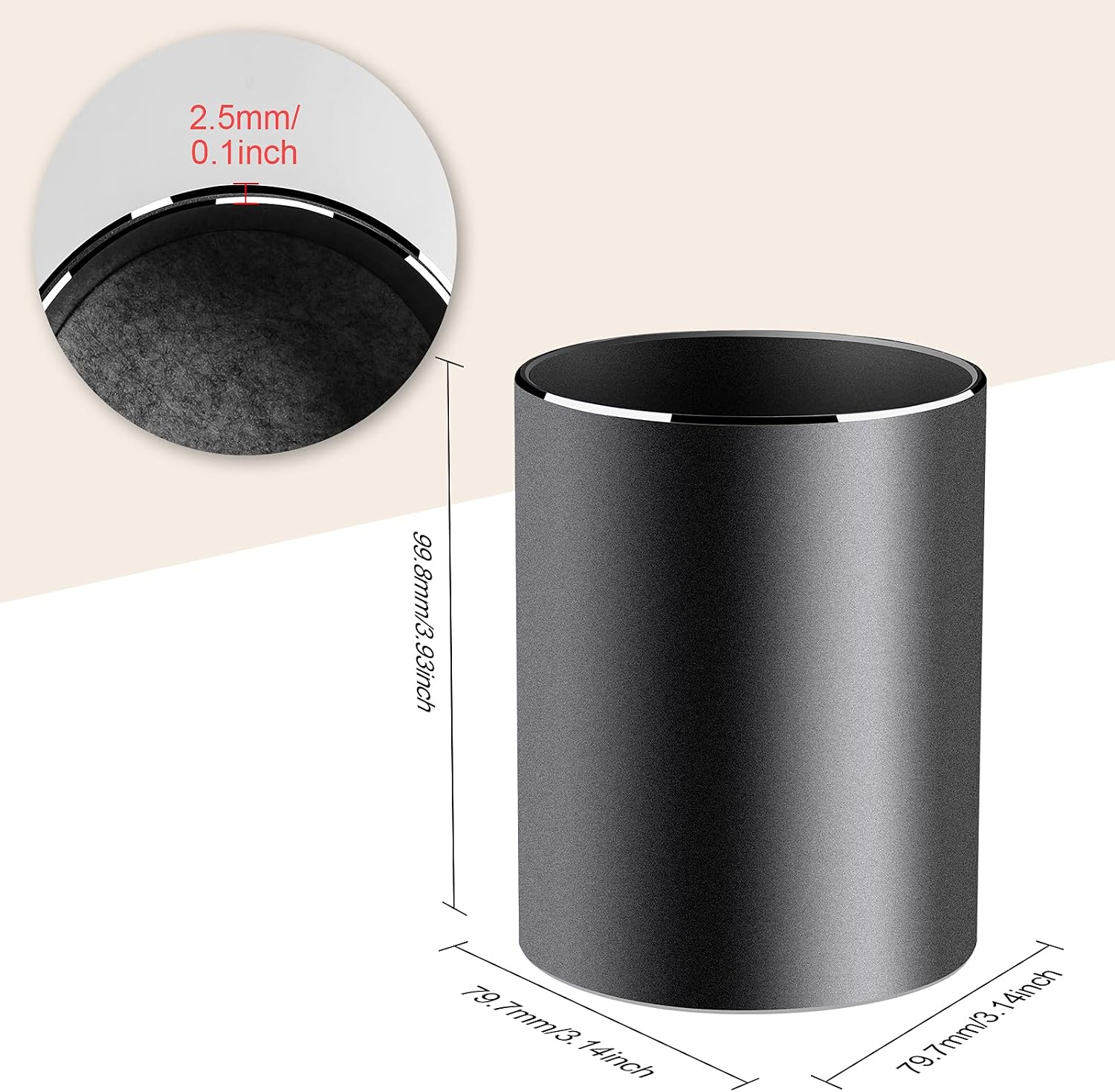 Metal Pen Holder Aluminum Pencil Holder for desk, Round Desktop Organizer and Black Pencil Cup for Office, School, Home and Stationary Supplies (3.15 x 3.15 x 3.94 Inches) - view 7