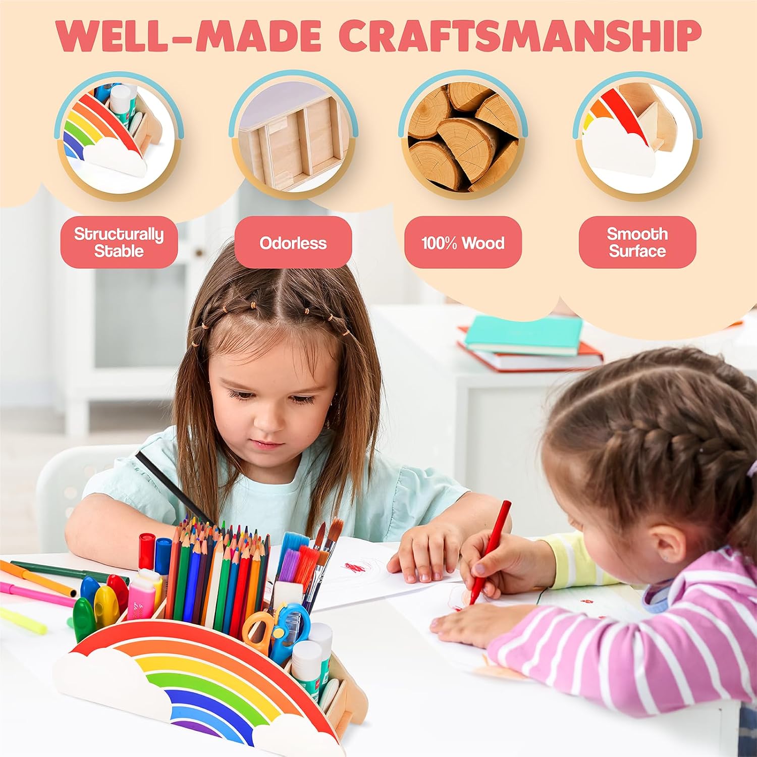 Rainbow Wooden Desk Organizer Natural Wood No Smell Childfriendly Cute Pen Pencil Holder Caddy for Office Supplies Classroom for Art Supply Makeup Brush Storage for Kids Present - view 3