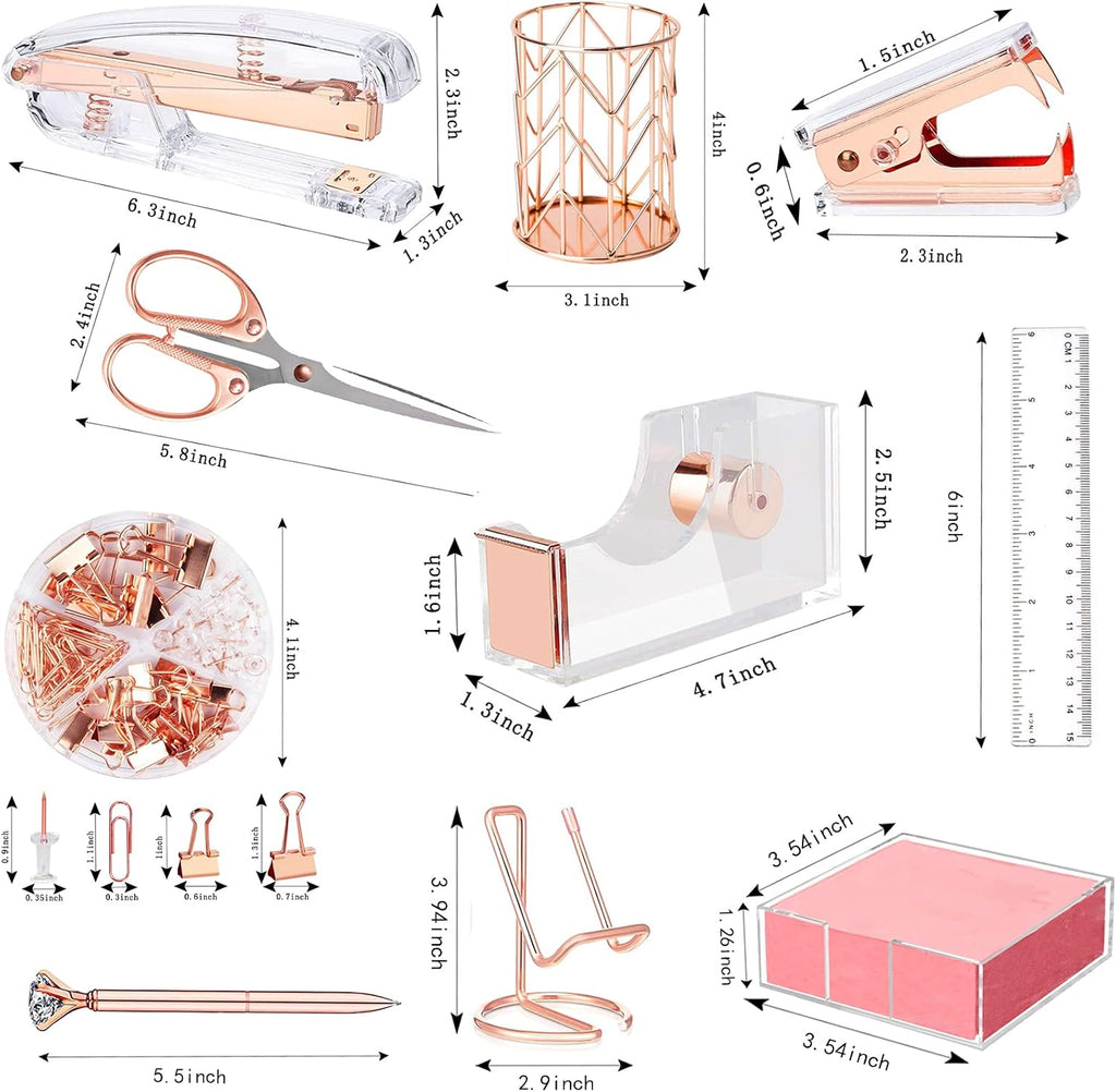 Rose gold office supplies and accessories, acrylic stapler, staple remover, tape holder, ballpoint pen, scissor, binder clips, staples, phone holder, ruler, transparent glue and 300 notes - view 2