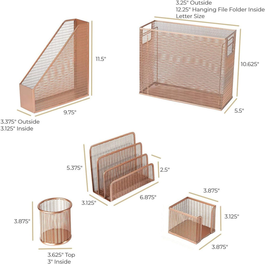 Rose Gold Desk Organizer Set | 5-Piece Metal Desktop Organization Kit With File Holder, Magazine Rack, Pen Cup, Sticky Note Holder and Letter Sorter | Stylish Office Accessories - view 6