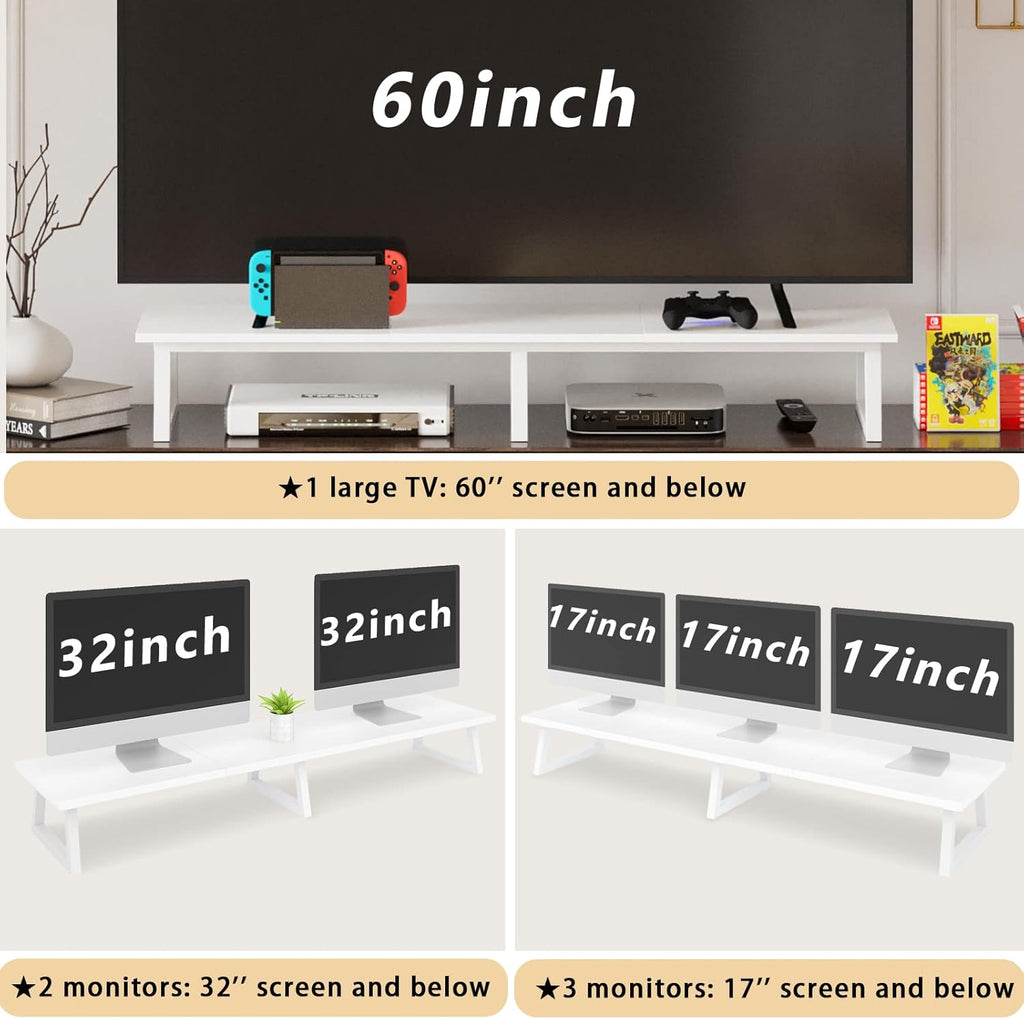 42 inch dual monitor riser white, desk organizer stand for TV laptop | extra long stand riser for 2 monitors, wood & steel TV riser, holds 300lbs, keyboard & PS5 storage, for home office & gaming - view 6