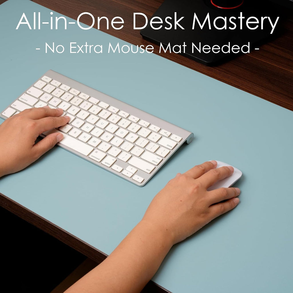 Leather desk pad protector, waterproof mouse pad, PU desk mat, office desk cover, desk writing mat for office/home/work/cubicle (light blue/silver) 31.5x15.7 in - view 3