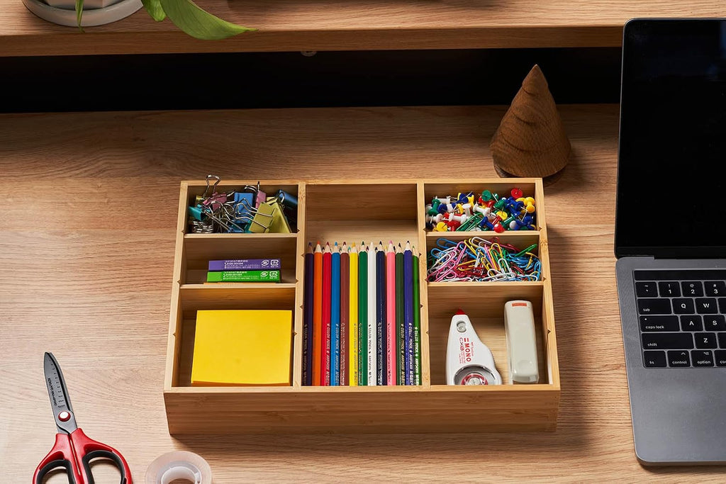 Bamboo Desk Drawer Organizer, Wood Junk Organizer Tray with Adjustable Dividers, Anti-Skip Storage Organization in Office Bathroom Drawer for Vanity, Makeup, 12" x 9" - view 5