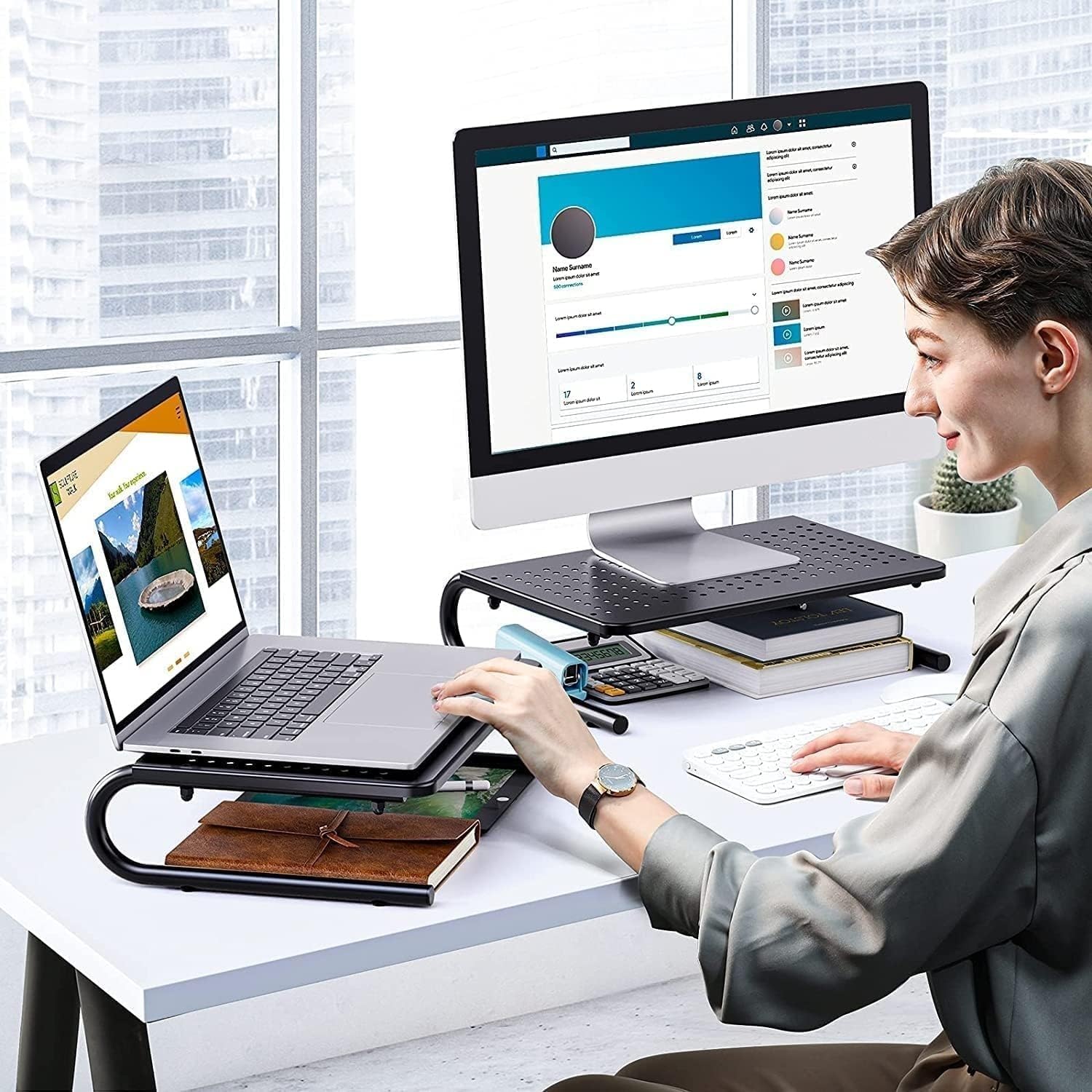 Monitor Riser for Desk, Desk Organizer,Laptop Shelf w/Vented for Screen, Computer Stand for PC, Printer, for Home & Office - view 5