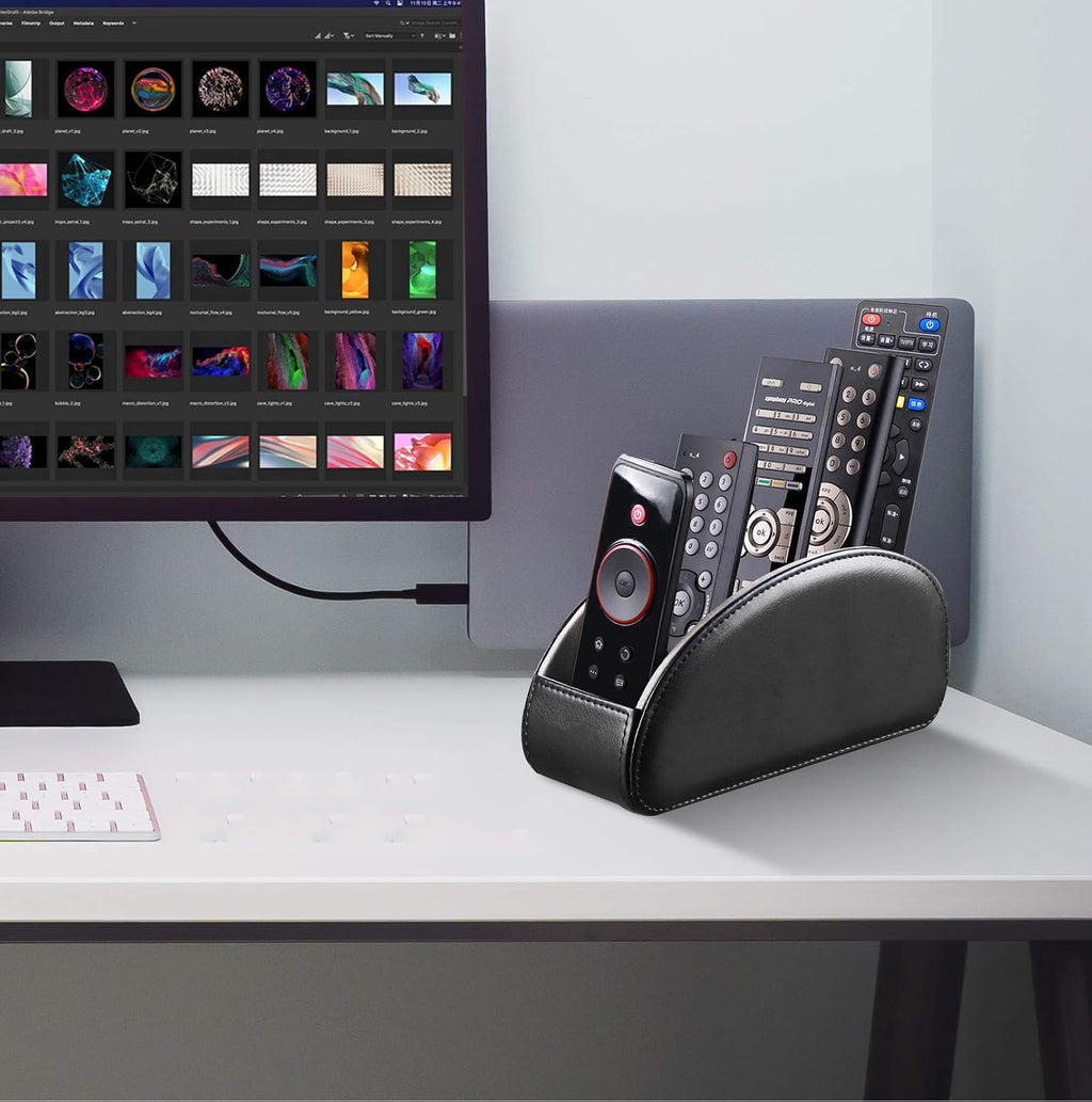 All-in-one leather TV remote control holder black with 5 compartments nightstand desktop DVD media player remote caddy storage box organizer tray for makeup brush pen stationery table controllers - view 5