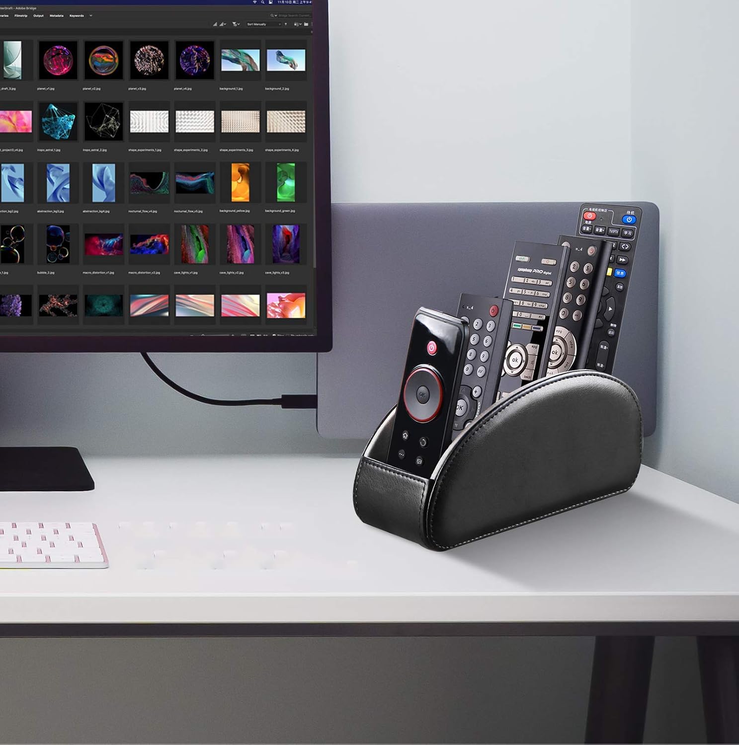 All-in-one leather TV remote control holder black with 5 compartments nightstand desktop DVD media player remote caddy storage box organizer tray for makeup brush pen stationery table controllers - view 5