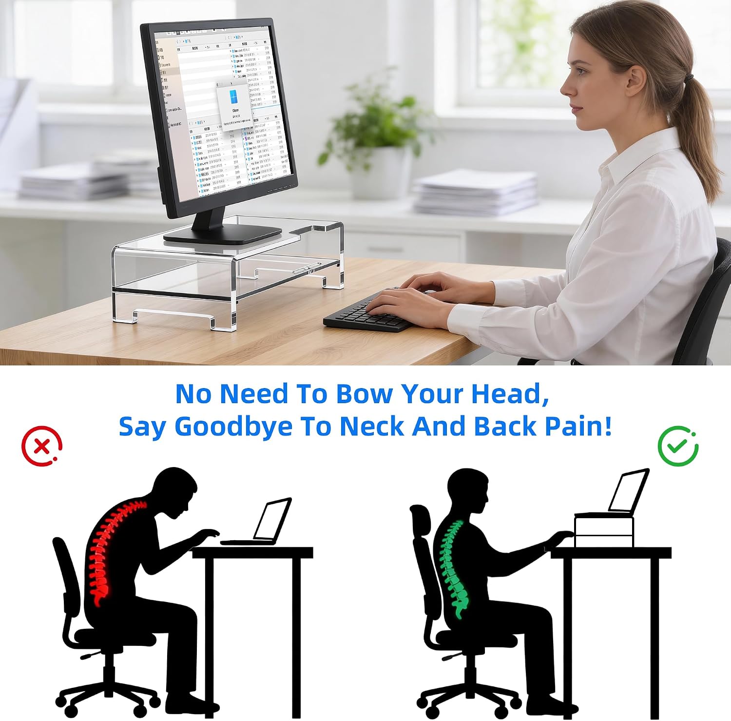 Acrylic Monitor Stand Riser Clear Laptop Stand 2-Tier L16 xW7.5 xH4.7 | Computer Monitor Stand Laptop Riser with Storage, Compatible with All Notebooks and Monitors, Desk Organizer for Home Office - view 3