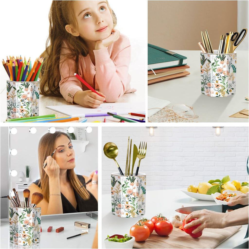 Cute ceramic pen holder for desk, pencil cup pot, makeup brush holders, desk accessories & workspace organizers for home, office, white flower - view 5