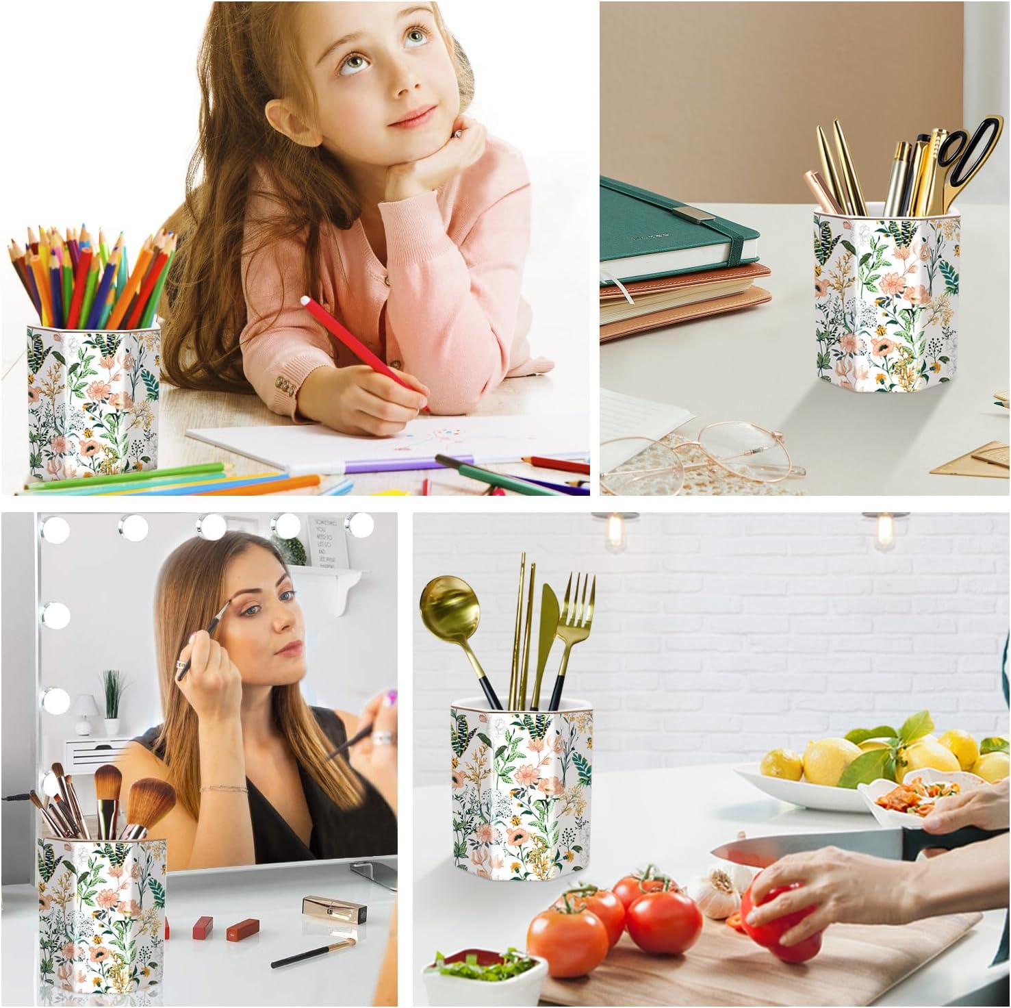 Cute ceramic pen holder for desk, pencil cup pot, makeup brush holders, desk accessories & workspace organizers for home, office, white flower - view 5