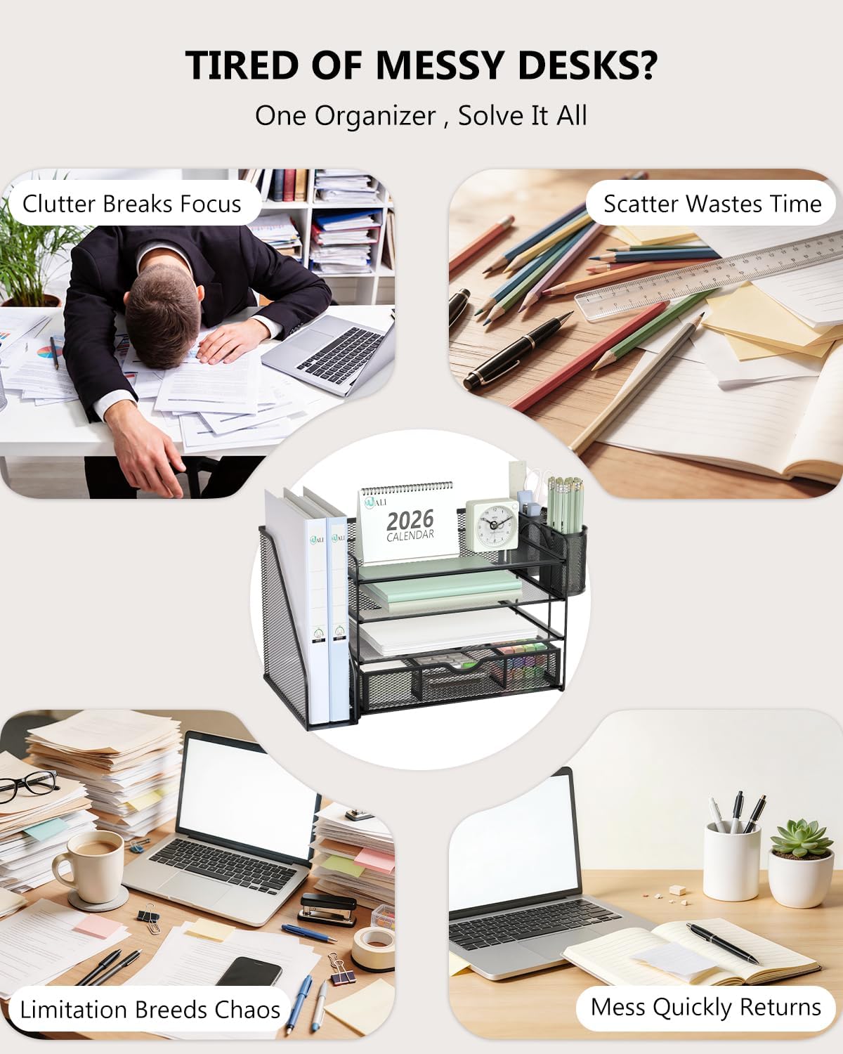 Desk File Organizer, 4 Tier Desktop Paper Letter Tray Organizer with Drawer and 2 Pen Holders, Office Desk Accessories & Workspace Organizers for Office, Home Supplies(DO005DH-B), 1 Pack, Black - view 3