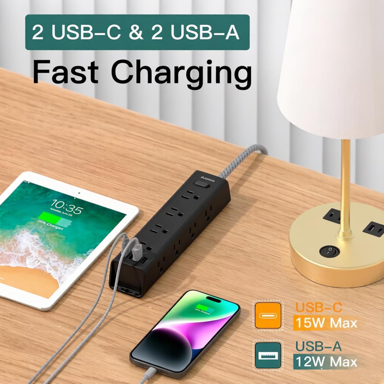 15ft extension cord, power strip surge protector with 12 AC outlets & 4 USB | flat plug, wall mount, 1050J surge protector, outlet extender for home office dorm room gaming desk setup, ETL listed - view 4