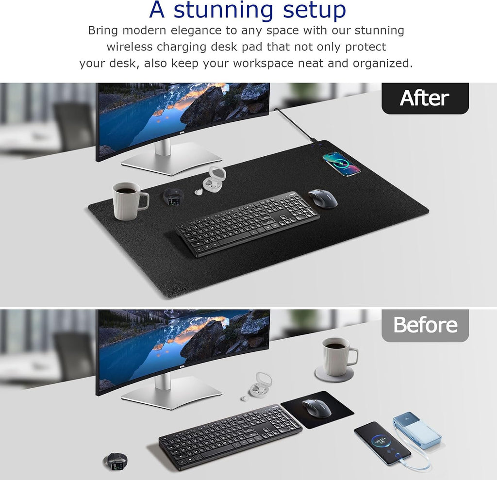 Desk Pad with Wireless Charger, Leather, Waterproof, Anti-Slip Wool Felt Base Material, Office Table Mat, Fast Charging Gaming Mouse Pad, 32”(L) x 16”(W), Black (Right Side Charging Port) - view 2