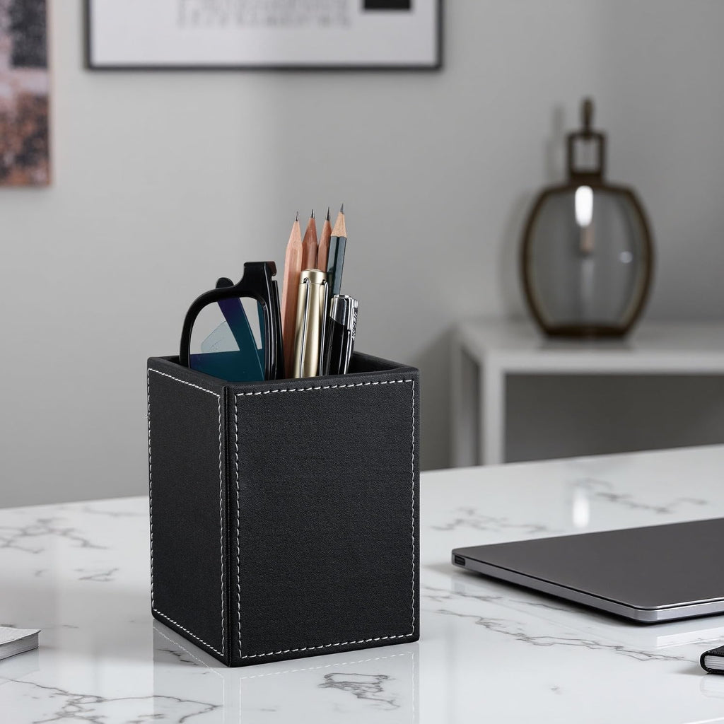 PU Leather Square Pens Pencils Holder Cup Desktop Stationery Organizer Case Office Accessories Container Box (black) - view 7