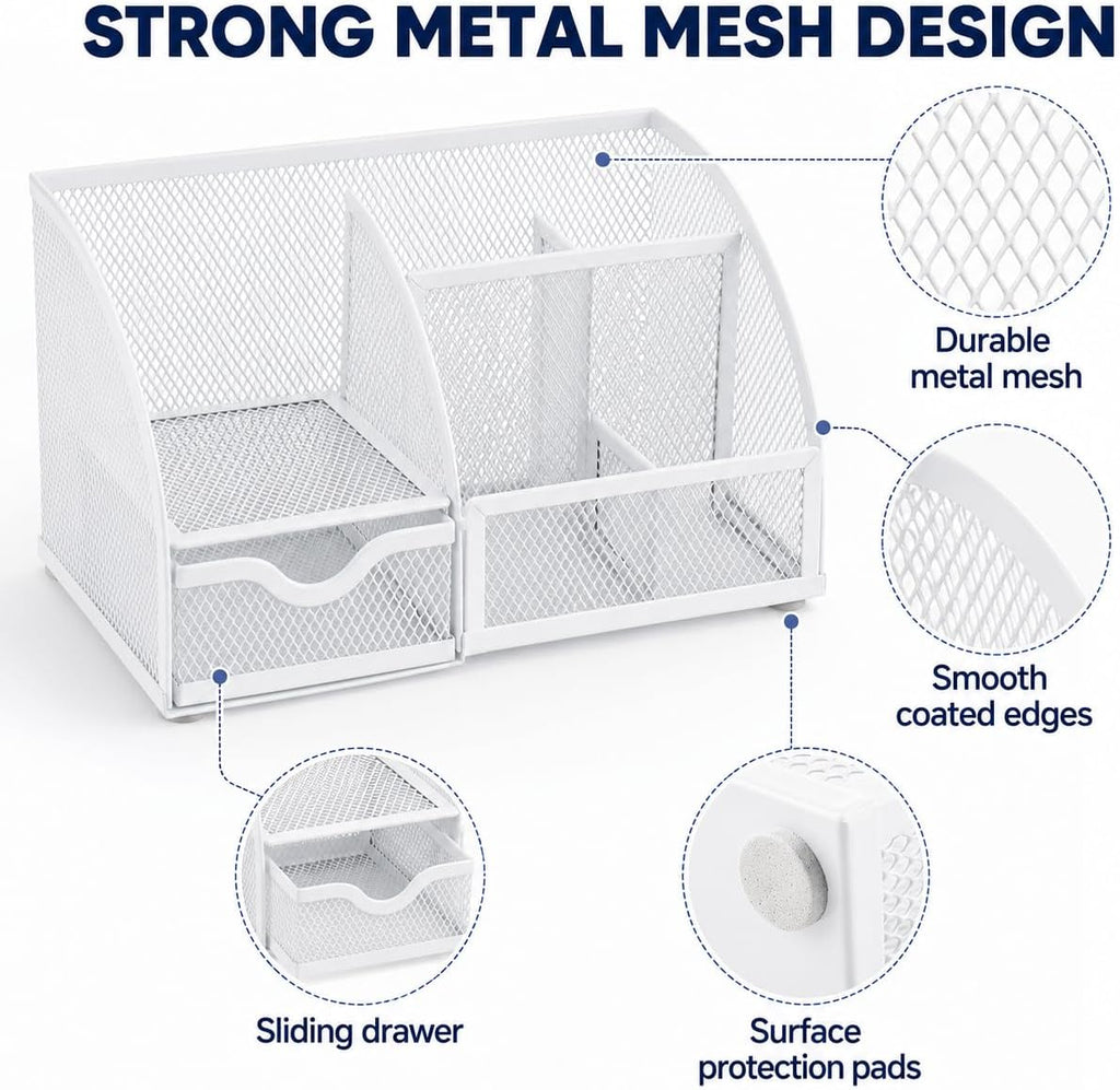Desk Organizer 7 Compartments Metal Mesh Pen Holder Caddy White | Compact White Desktop Storage for Notes Clips Scissors Rulers Craft Tools Makeup Study and Home Use - view 3