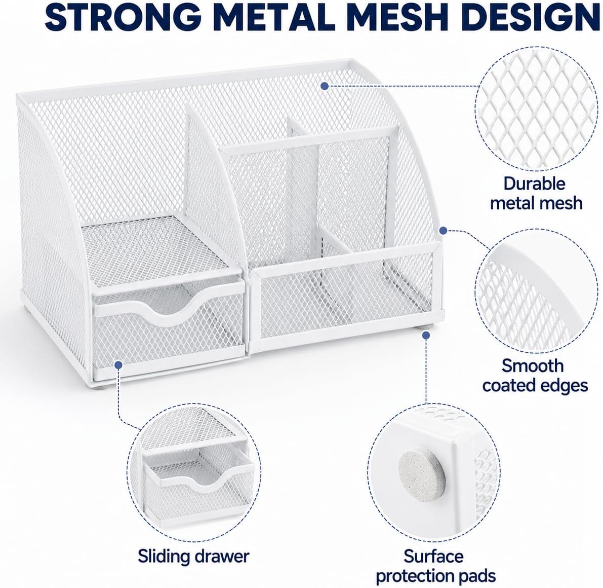 Desk Organizer 7 Compartments Metal Mesh Pen Holder Caddy White | Compact White Desktop Storage for Notes Clips Scissors Rulers Craft Tools Makeup Study and Home Use - view 3